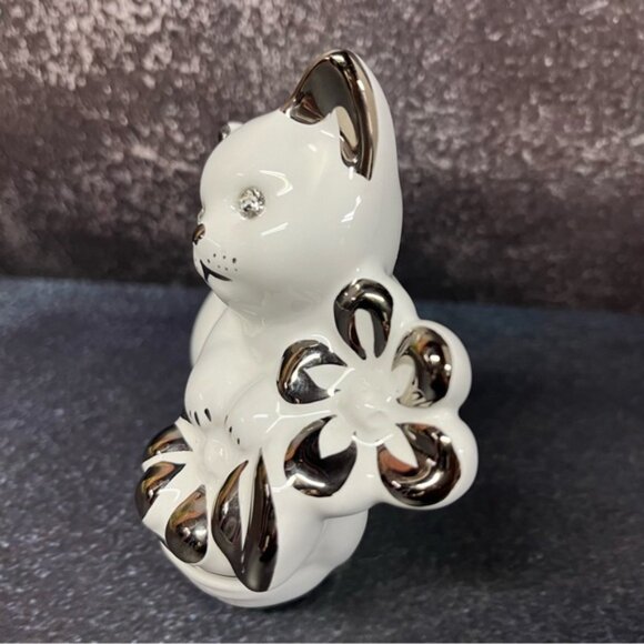 Ahura Ceramic Cat Figurine Swarovski Crystal Eyes, Silver Painting Details - Picture 4 of 14